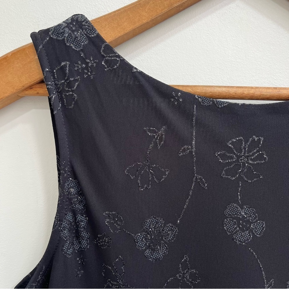 Vintage Y2K Black Floral Silver Glitter Sheer Overlay Mesh Dress Ruffle Hem L - Picture 7 of 11